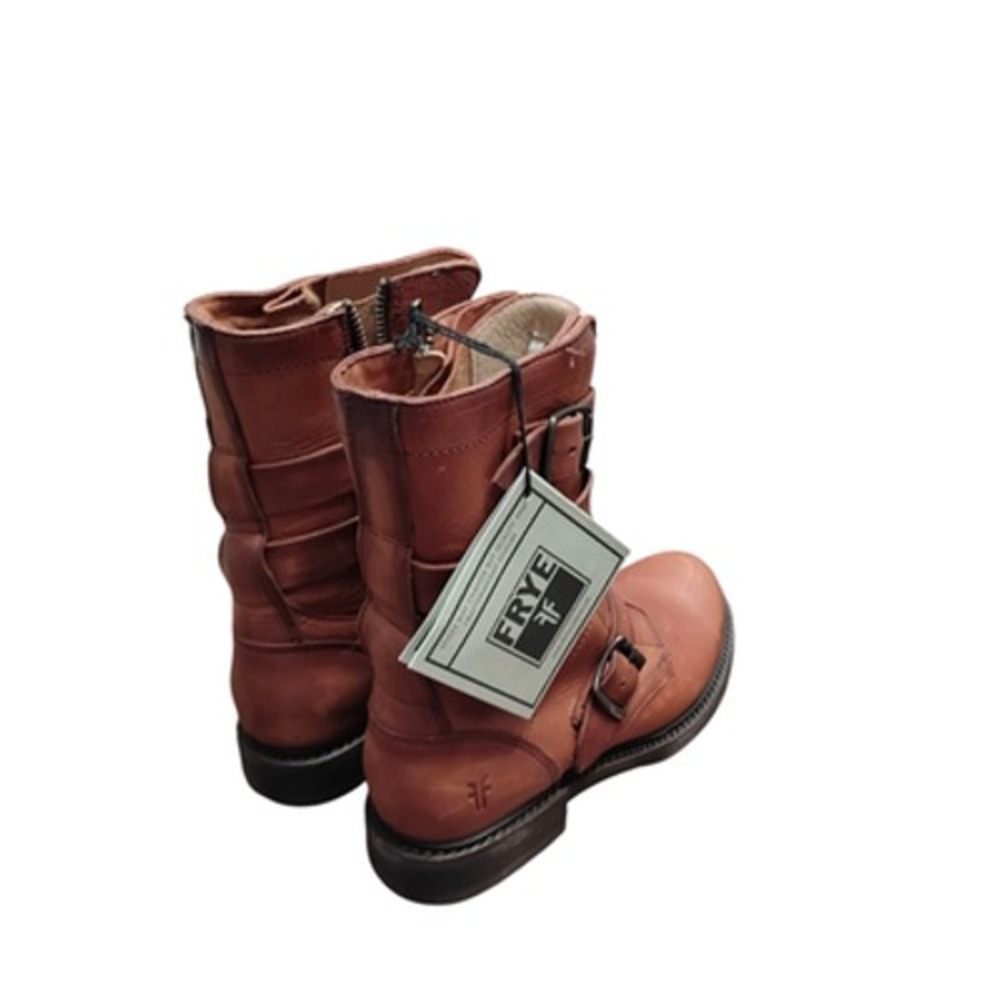 Frye Veronica Tanker Boots Women's 7M Cognac Moto‎ Combat Leather Strappy Belted - Picture 4 of 12